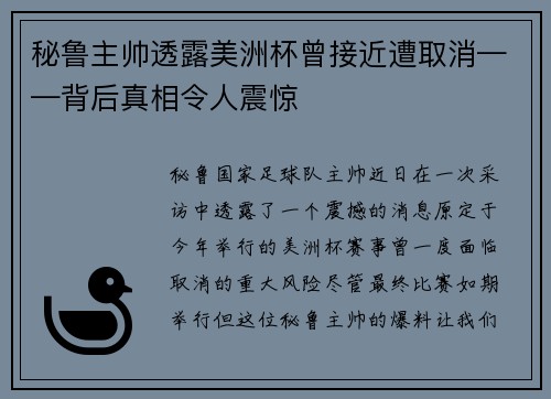 秘鲁主帅透露美洲杯曾接近遭取消——背后真相令人震惊
